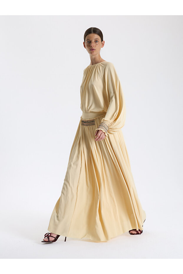 Krem Pileli Maxi Etek - 2