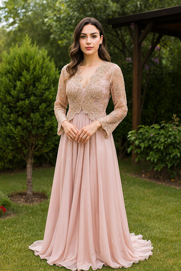 Pudra Askılı İnci Kaftanlı Abiye Elbise - 1