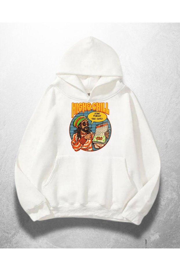 White Unisex High & Chill Printed Oversize Hoodie Sweatshirt
