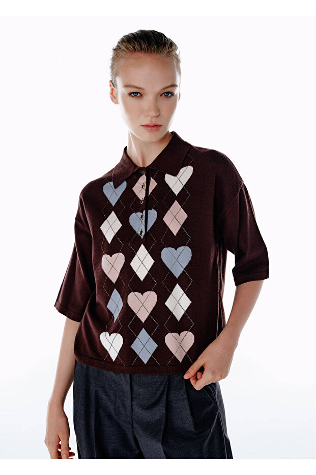 Dark Brown Heart Intersia Pattern Knitwear Top