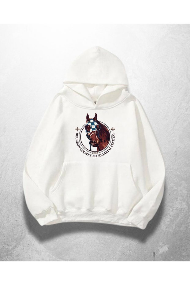 White Unisex Horse Emblem Printed Oversize Hoodie Sweatshirt