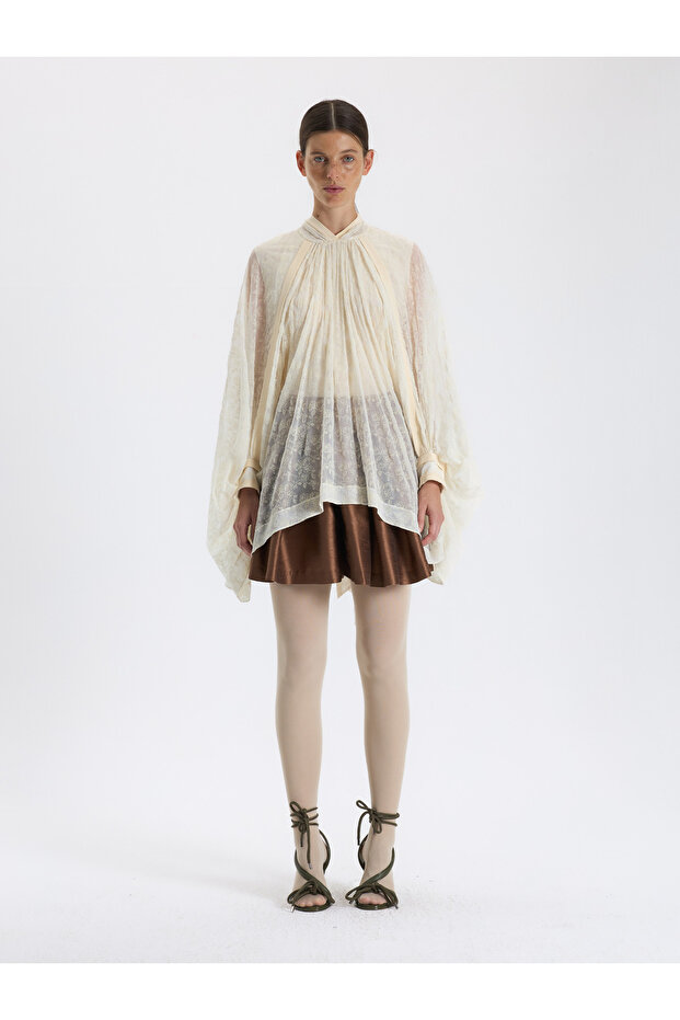 Krem Drapeli Şifon Bluz - 1