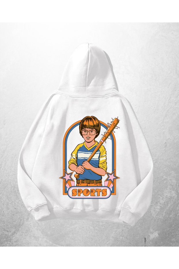 White Unisex Sports Printed Oversize Hoodie Sweatshirt