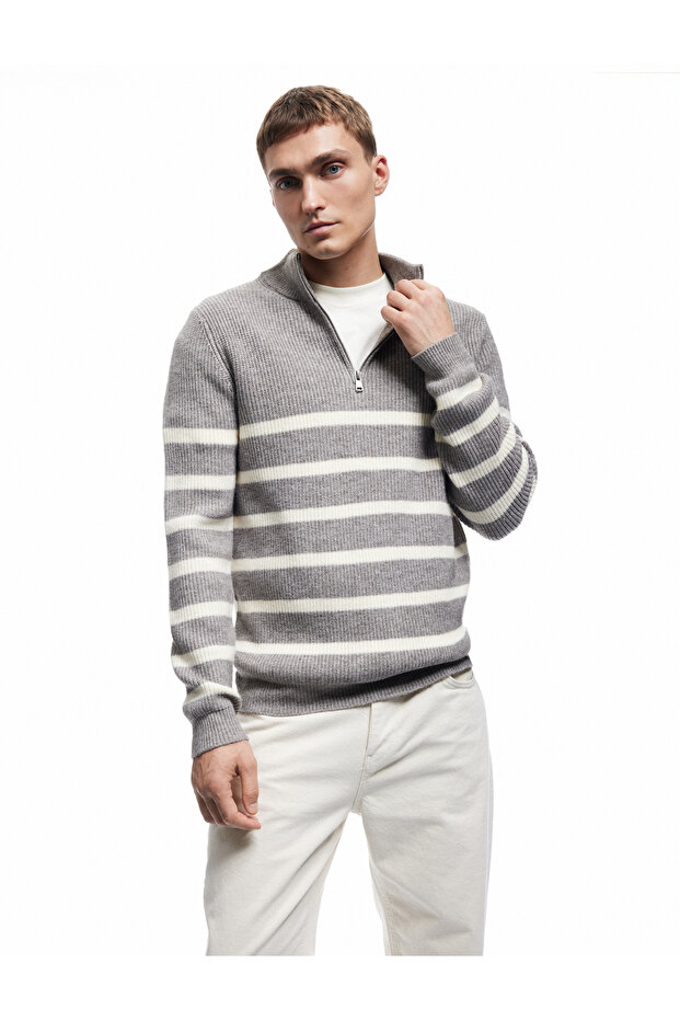 Long Sleeve Striped Half Zip Knit Sweater