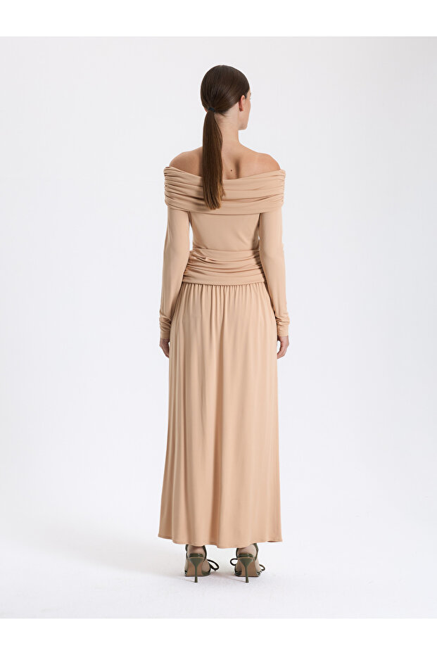 Bej Drapeli Maxi Etek - 4