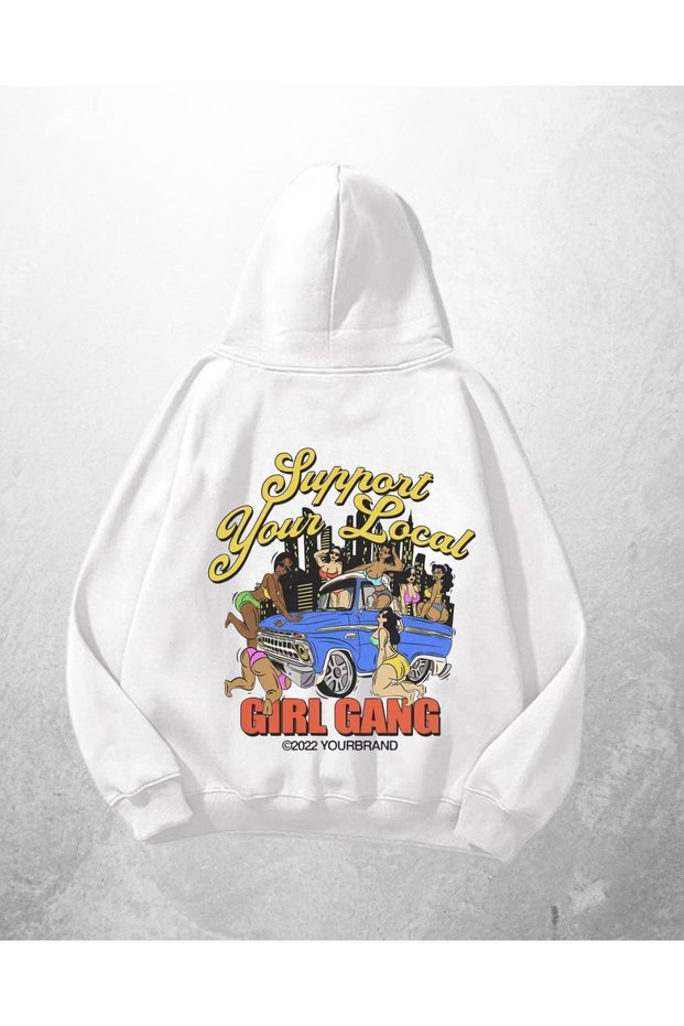 White Unisex Girl Gang Printed Oversize Hoodie Sweatshirt