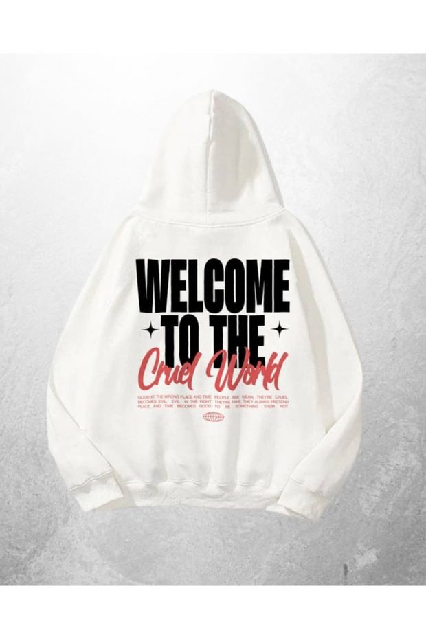 White Unisex Cruel World Printed Oversize Hoodie Sweatshirt