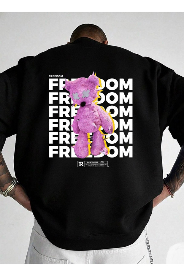 Unisex Oversize Crew Neck Black Sweatshirt Freedom Printed