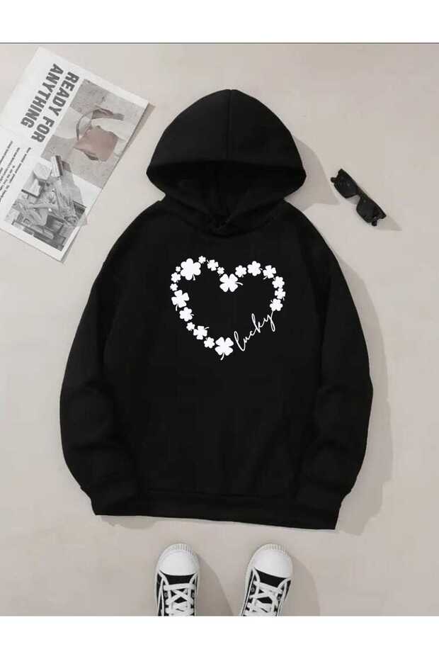 Flower Heart Fashion Print Design Trend Oversize Hooded Sweatshirt
