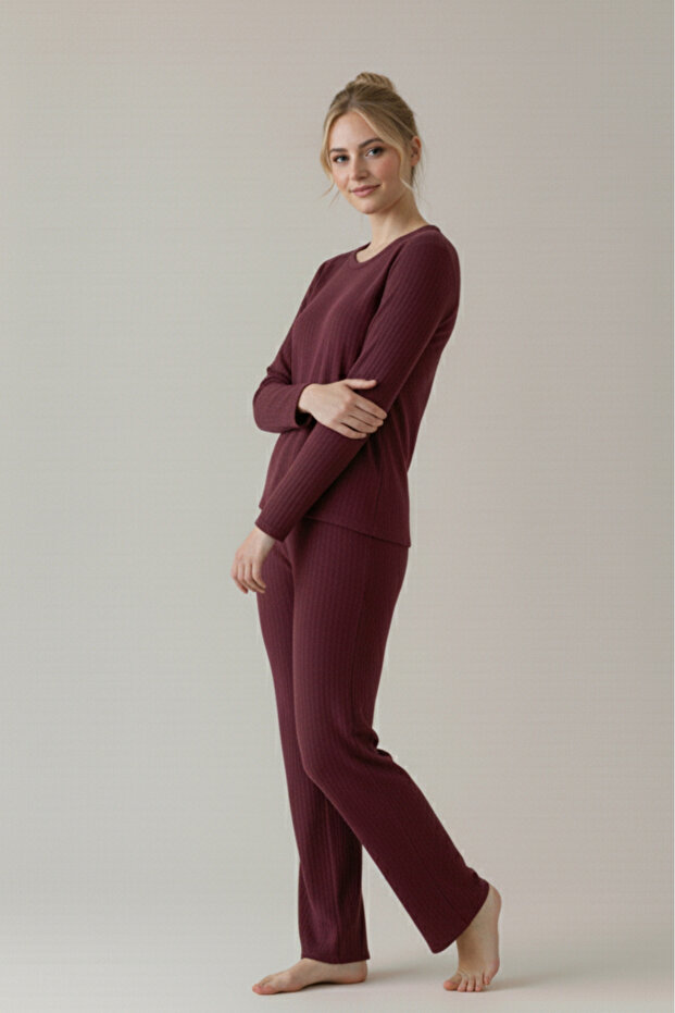 Pamuklu Kalın Kışlık Şeritli Şardonlu İnterlok Örme Pijama Takımı - 3