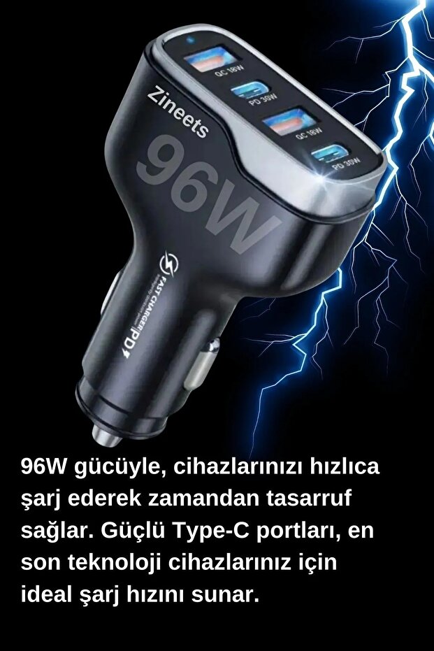 96W Hızlı Şarj 2 Type-c Ve 2 Usb Çıkışlı Araba Çakmaklık Şarj Aleti FAST Android Ve İphone - 5
