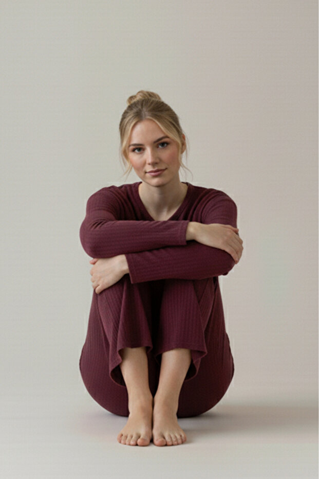 Pamuklu Kalın Kışlık Şeritli Şardonlu İnterlok Örme Pijama Takımı - 2
