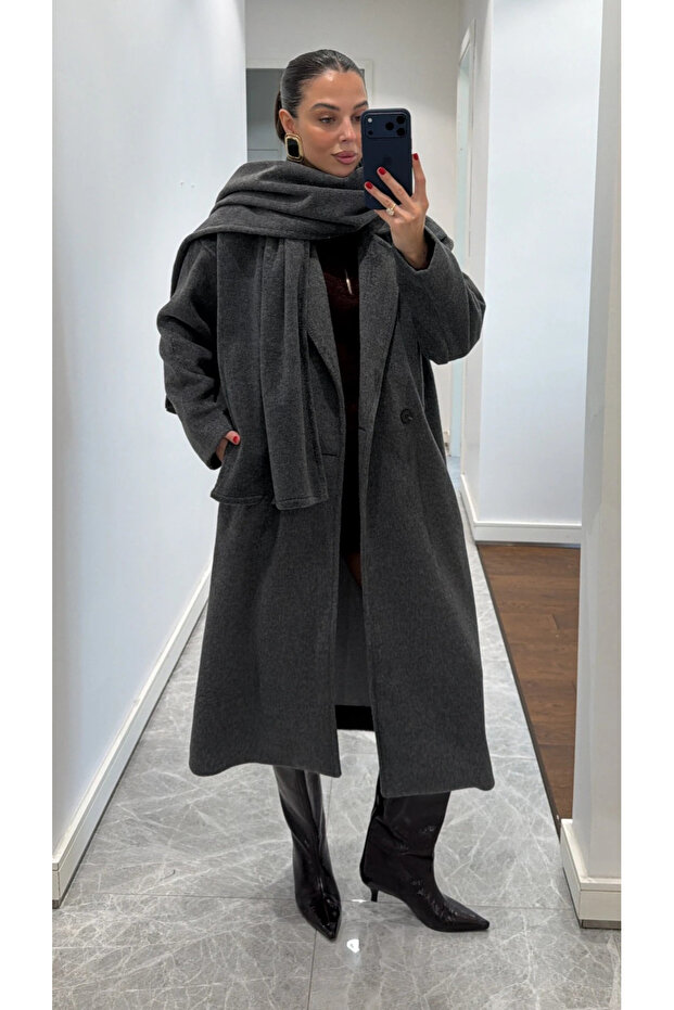 Anthracite Long Coat with Scarf Detail - 85163