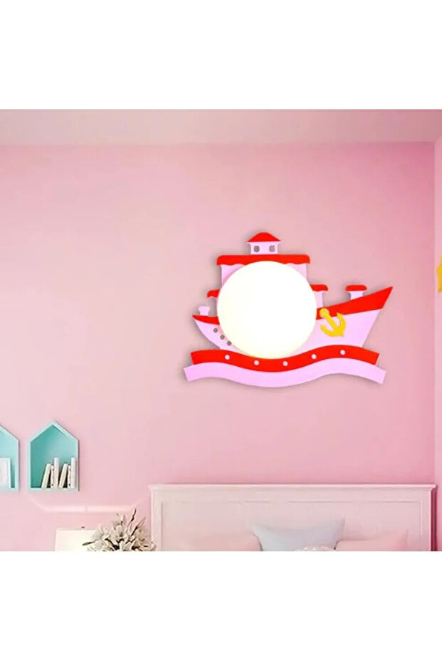 A F N LIGHTING Pirate Ship Wooden Wall Mounted LED Sconce - Pink Kids Room Light Fixture with Round