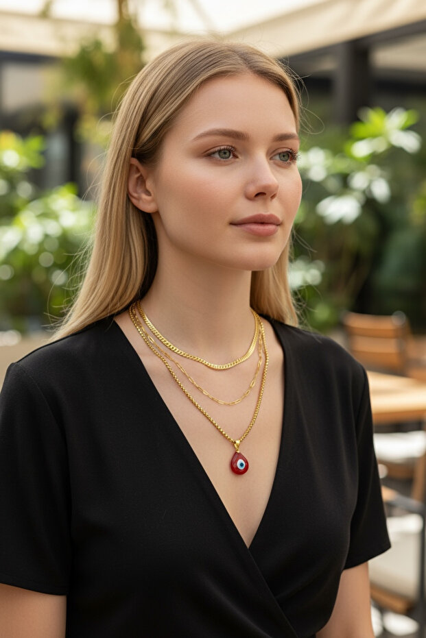 Set of 3 Full Steel Murano Evil Eye Necklace Elegant Stylish Gold Red