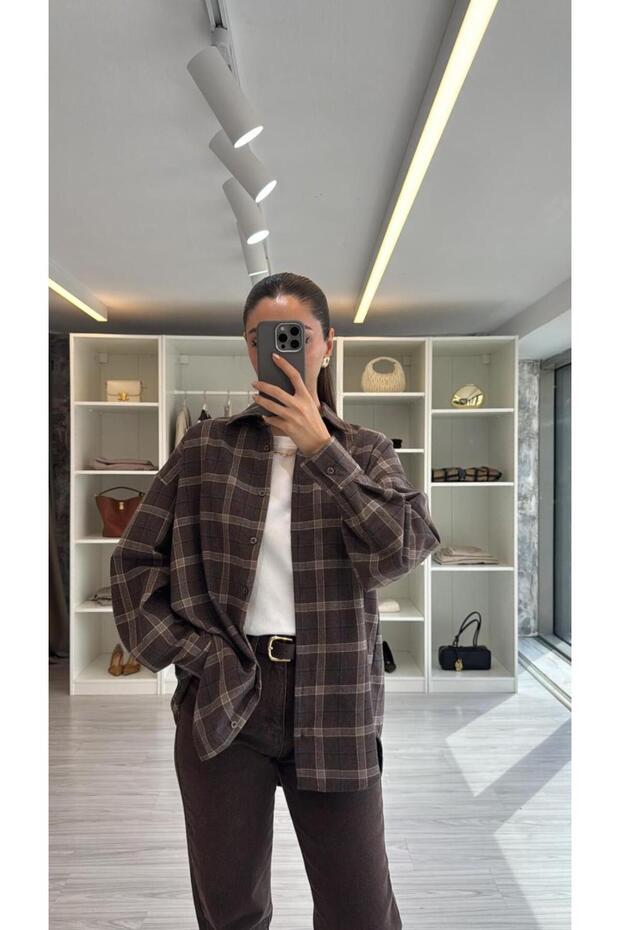 OVERSIZE EKOSELİ ODUNCU GÖMLEK - KAHVE - 1