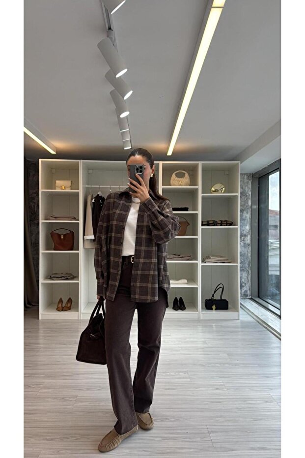 OVERSIZE EKOSELİ ODUNCU GÖMLEK - KAHVE - 5