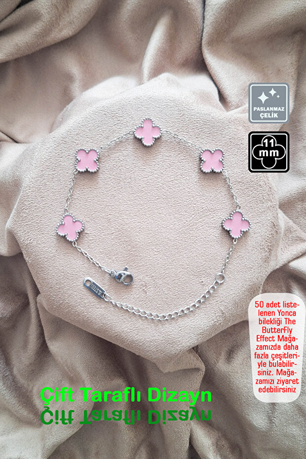 🍀 Four Leaf Clover Steel Bracelet 🎨 Pink Silver Small