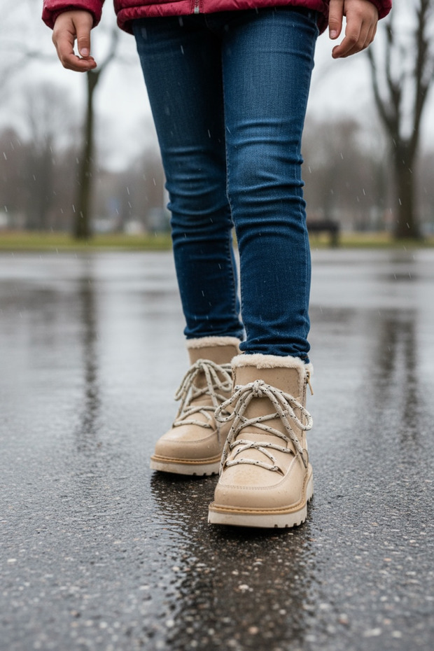 Kız Çocuk Fermuarlı krem Deri kar botu , İçi Sıcak Polar Astarlı Bot , Dişli Kaymaz Taban - 3