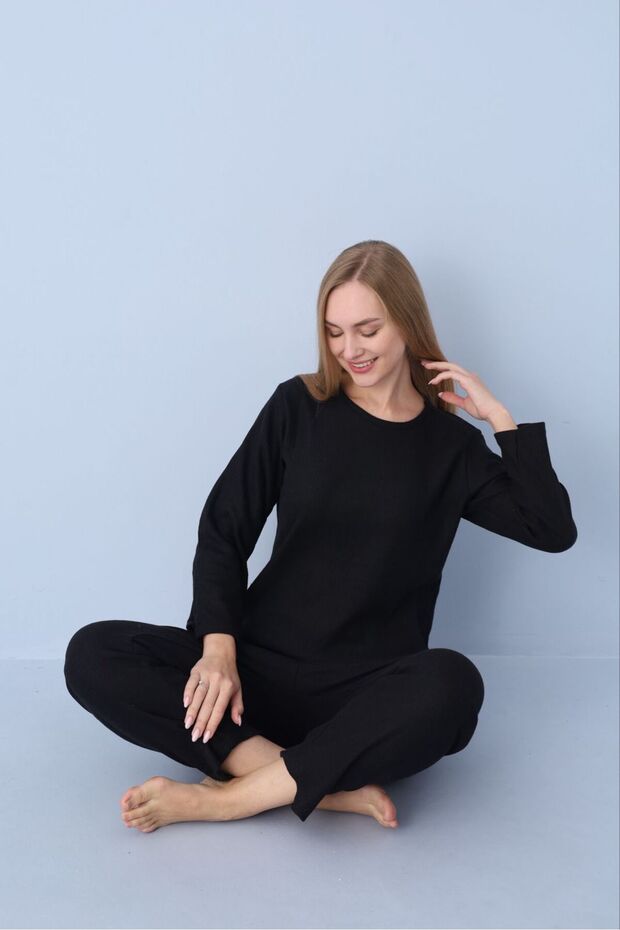 Black Ribbed Knitted Pajama Set