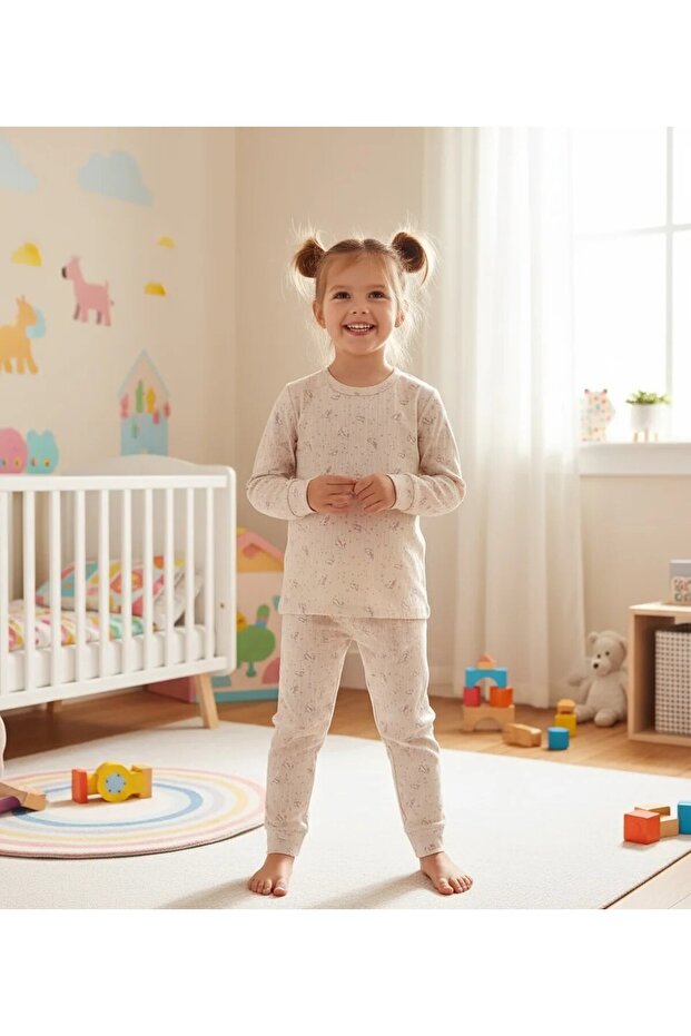 Rain Pink Mini Rabbit Patterned 100% Cotton Ribbed Fabric Girls' Pajama Set 3-12 Years Old 1002