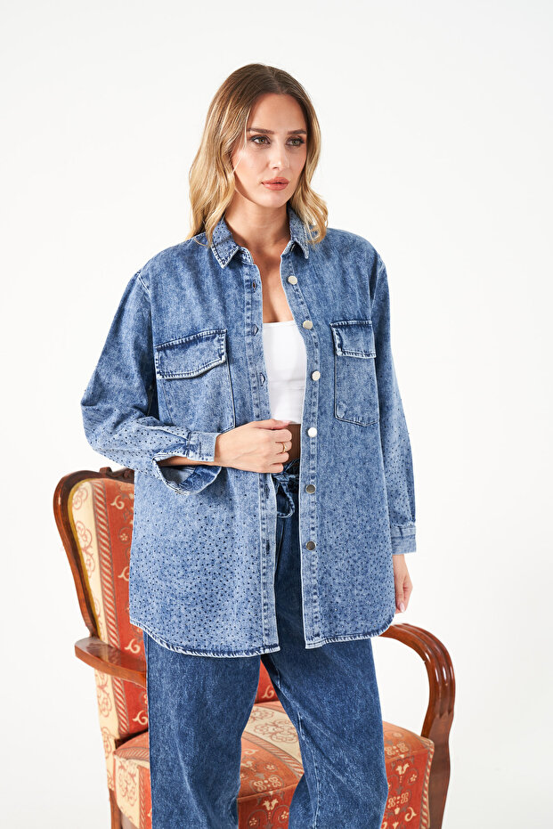 Women's Front and Sleeves Beaded Denim Fabric Shirt
