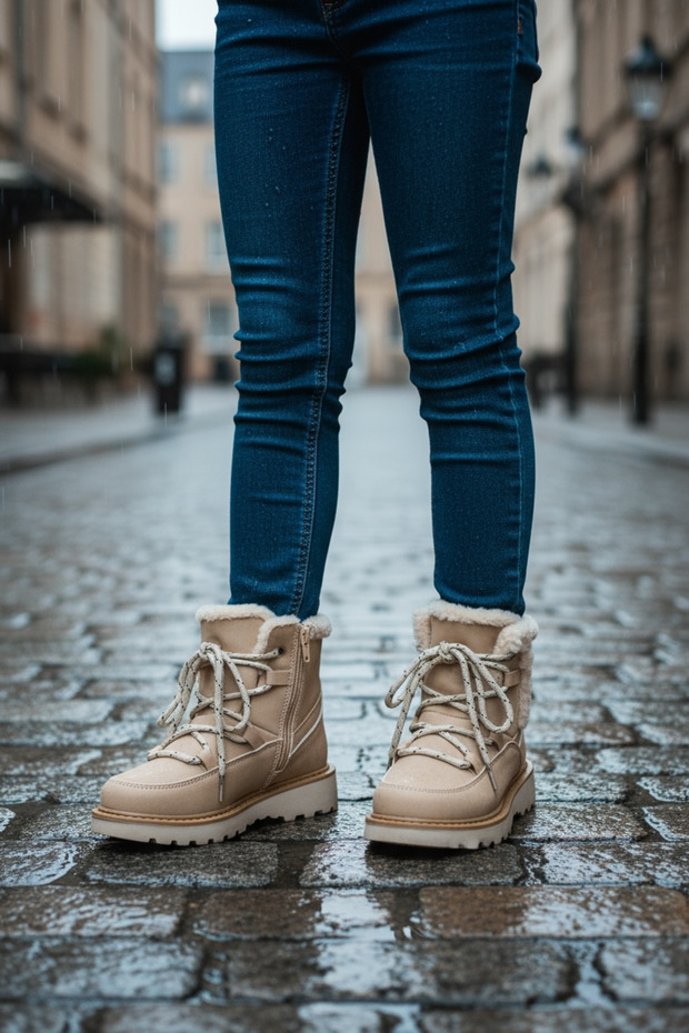 Kız Çocuk Fermuarlı krem Deri kar botu , İçi Sıcak Polar Astarlı Bot , Dişli Kaymaz Taban - 4