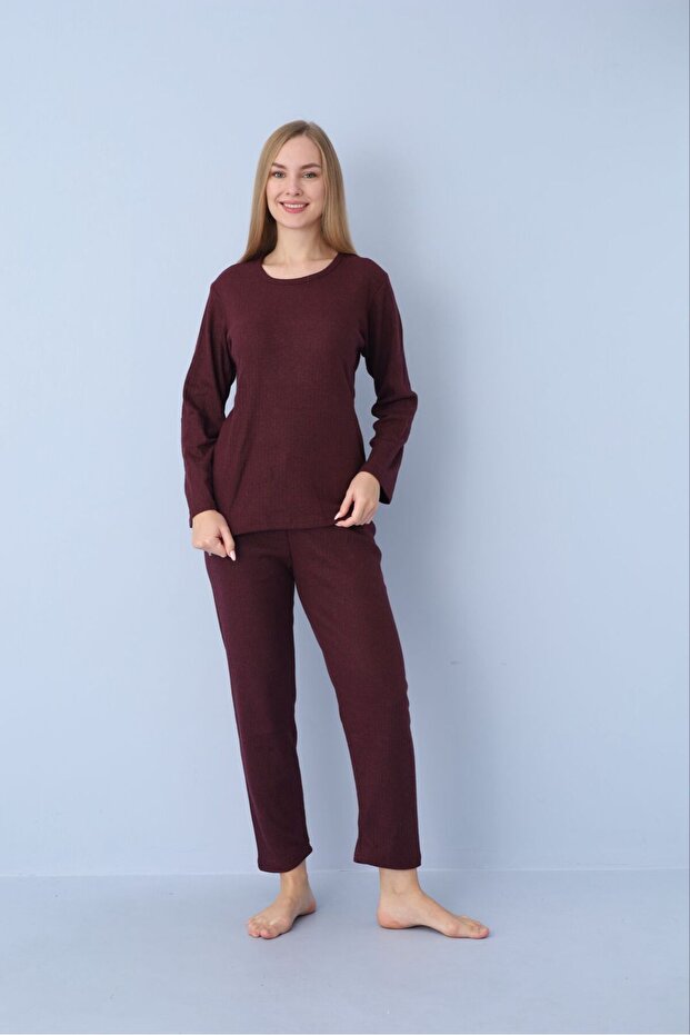 Bordo Fitilli Örme Pijama Takımı - 4