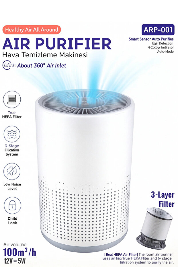 Akıllı Hava Temizleme ve Nemlendirme Cihazı | 3 Katmanlı HEPA Karbon Filtre | Sessiz Çalışma 24 dB - 3