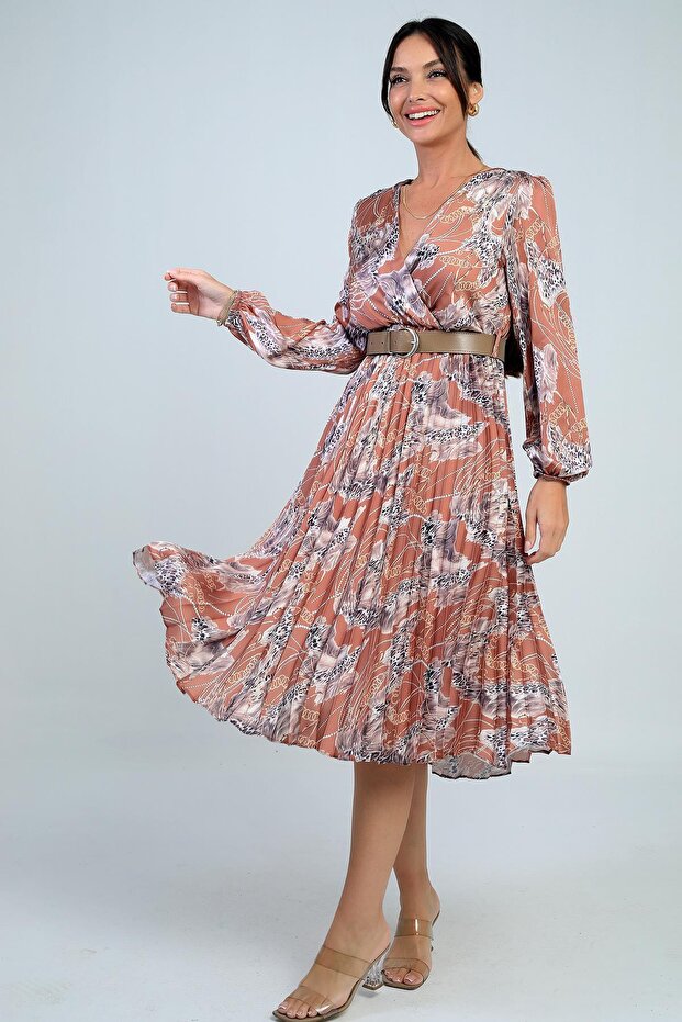 Double-breasted Collar Lined Waist Belt Leopard Pattern Pleated Satin Dress