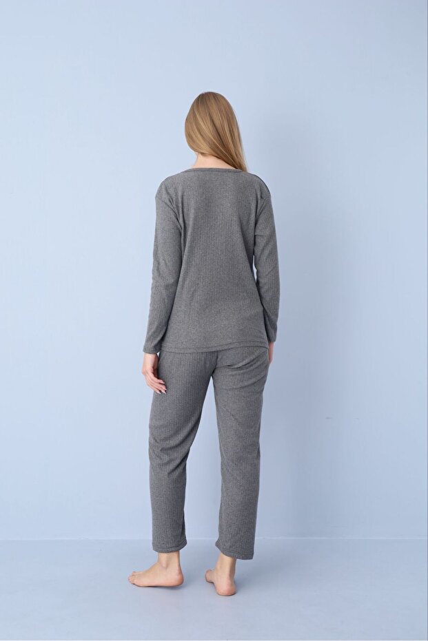 Antrasit Fitilli Örme Pijama Takımı - 5