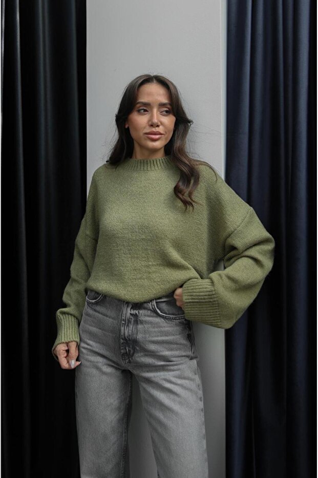 Yeşil Mary Bisiklet Yaka Oversize Triko Kazak - 1