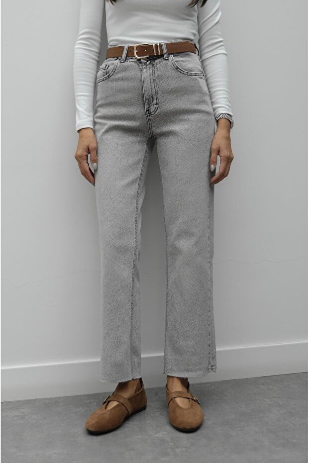 Light Gray Flared Hem Belted Jeans