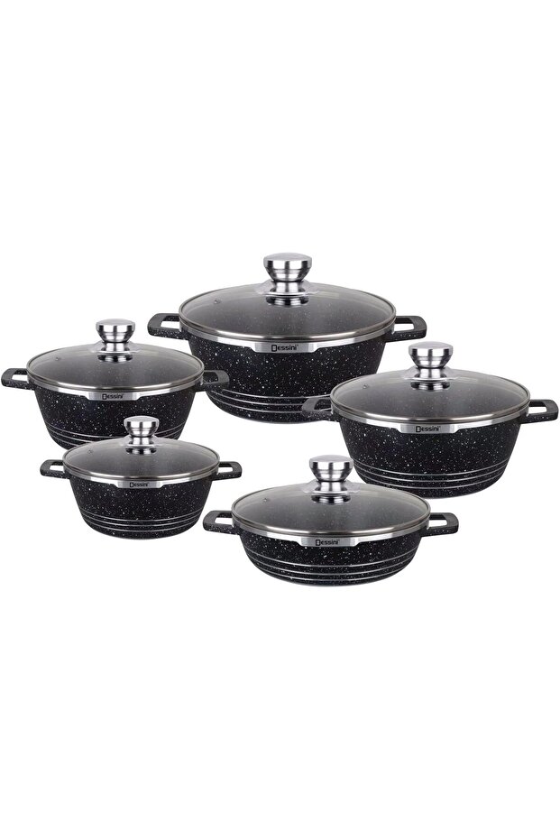 10-Piece Granite Cookware Set Black 32/28/24cm