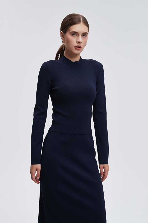 High Neck Long Sleeve Solid Blouse - 7