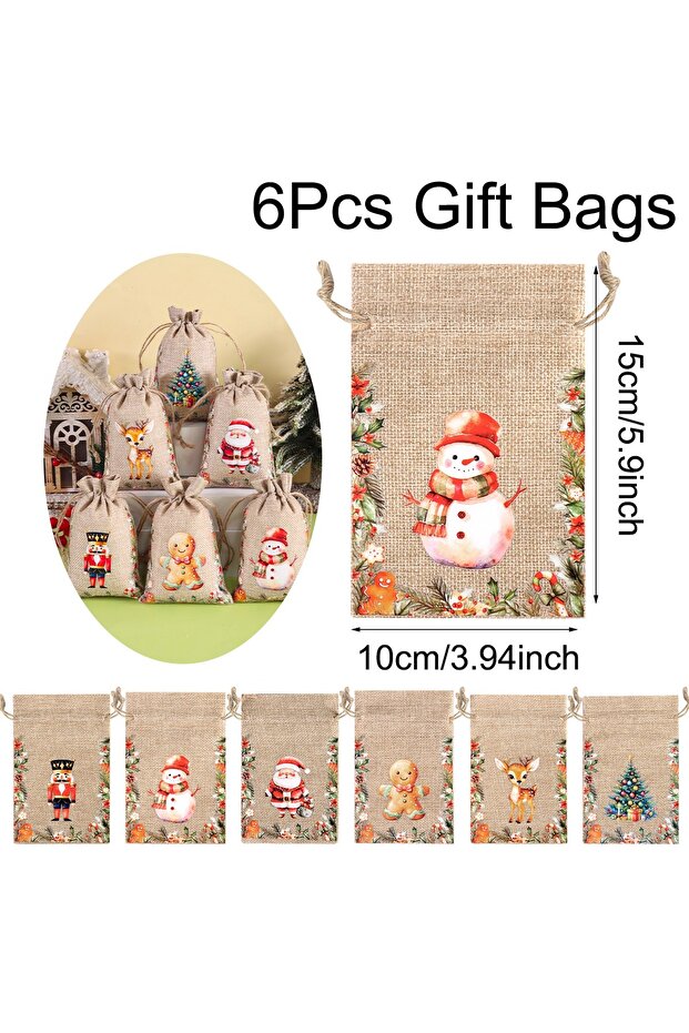 as shown 03 6pc Christmas Linen Drawstring Bags Burlap Gift Bags Candy Biscuits Pouchs for Home Deco