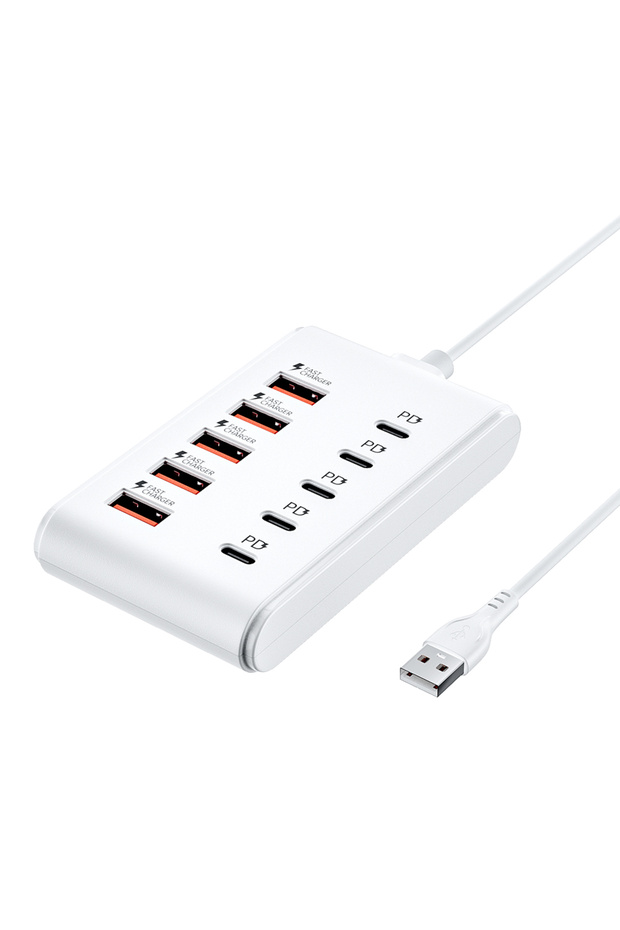شاحن USB سريع أبيض 10 في 1 شريط طاقة محطة شحن سطح المكتب شحن سريع سلك 1 متر موزع USB إعلان