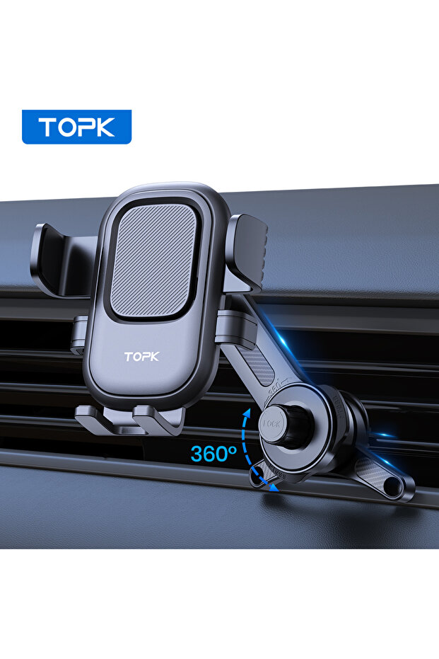 black TOPK Car Phone Holder [Upgraded Extended] Metal Hook 3-Point Support 360° Rotation Air Vent Mo