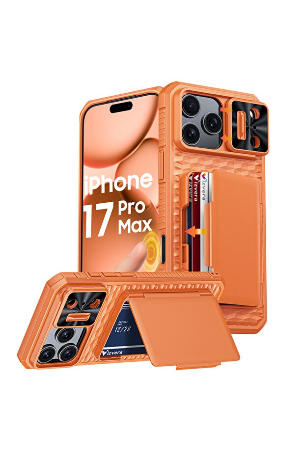 جراب iPhone 17 Pro Max فقط باللون البرتقالي مع حامل بطاقة وغطاء كاميرا منزلق وحامل لهاتف iPhone 17 Pro/