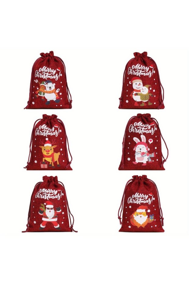 10x14cm-3.94x5.5in Green-6PCS 6PCS Christmas Character Drawstring Bags Santa/Reindeer/Snowman/Pengui