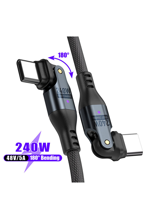 كابل بيانات الهاتف المحمول USB-C إلى USB-C أسود بطول 1 متر، 5 أمبير، شحن سريع 240 وات، شاحن بزاوية 180 درجة، من النوع C