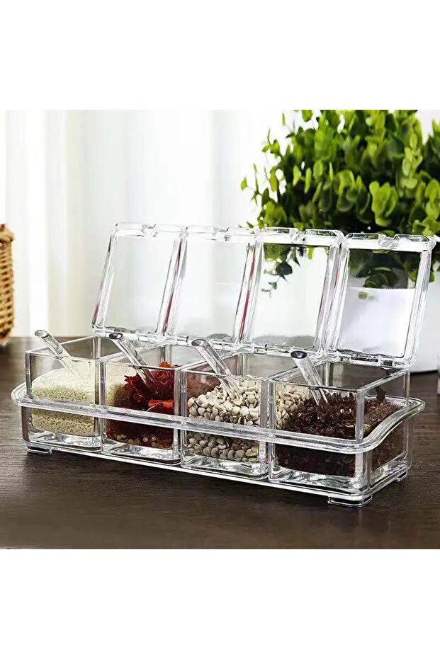 Seasoning box Four Compartment Transparent Seasoning Box with Spoon Lid and Storage Base, Salt, Suga