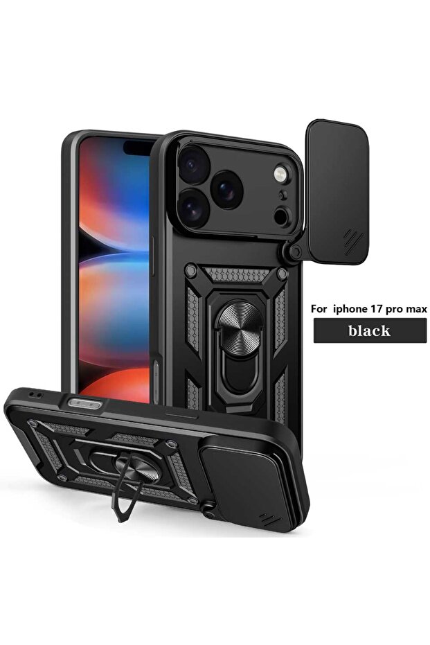 جراب iPhone 17 Pro Max أسود مقاوم للصدمات مع حامل سيارة لهاتف iPhone 17 Pro Max