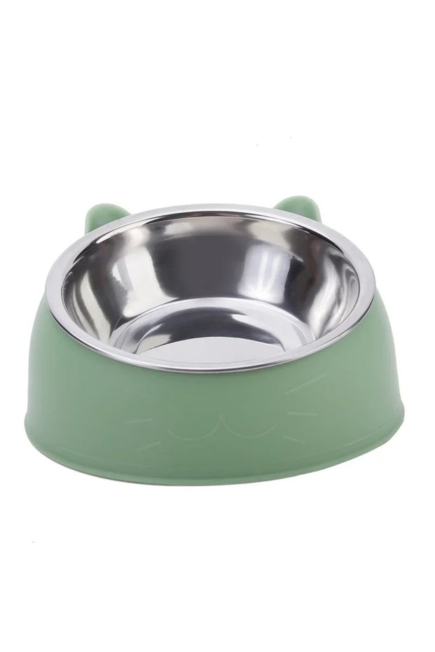 green 1pc Cat Bowl Lovely Creative Inclined Kitten Puppy Food Feeding Bowls Stainless Steel Cats Dri