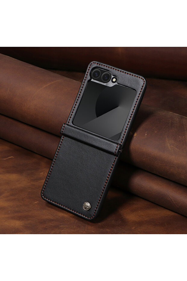 Galaxy Z Flip6 black PU Leather Phone Case for Z Flip 6 5 4 3 Drop-proof Protective Cover