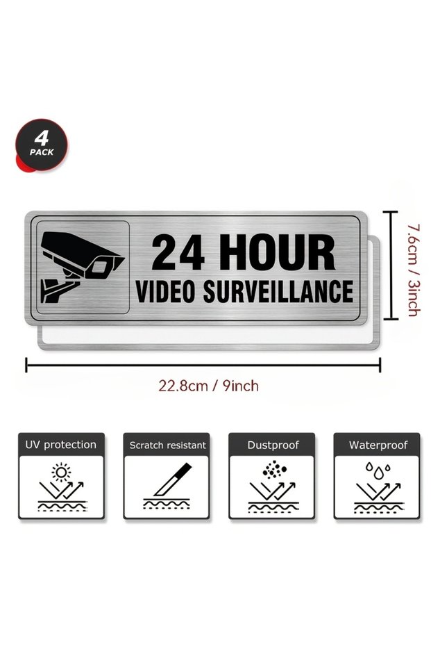 2pcs 24-hour Video Surveillance Aluminum Signs - Silver, Metal Door/wall Signs, for Commercial and R