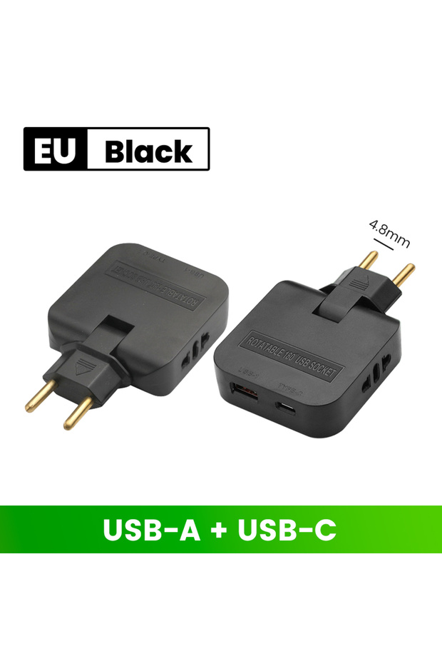 محول طاقة 3 في 1 بمنفذ USB من النوع C أسود من الاتحاد الأوروبي/الولايات المتحدة الأمريكية قابل للطي، محولات طاقة للسفر من الولايات المتحدة إلى الاتحاد الأوروبي