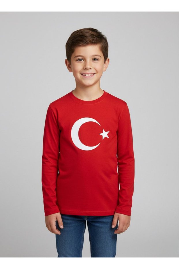 Children's Girls-Boys Long Sleeve T-Shirt with Moon and Star Turkish Flag