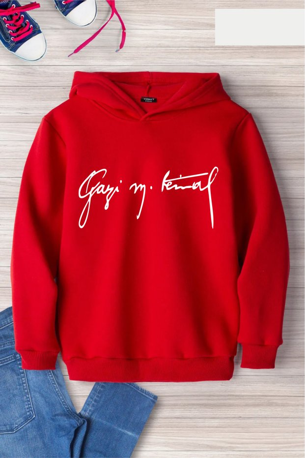 Hooded Sweatshirt Children's Hoodie 3 Thread Cotton Gazi Mustafa Kemal Signature