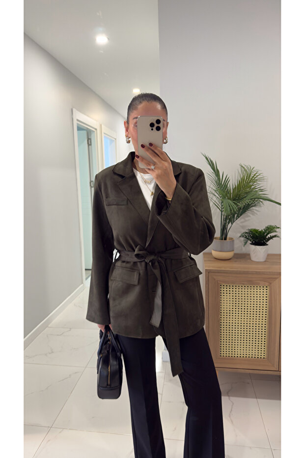 Jachetă din piele intoarsa cu curea Risan Khaki - 3